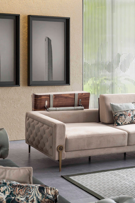 Canapea Rover Inev Asi Home - Verde Olive, Catifea, Lemn și Metal Bronz Antique, 230 cm