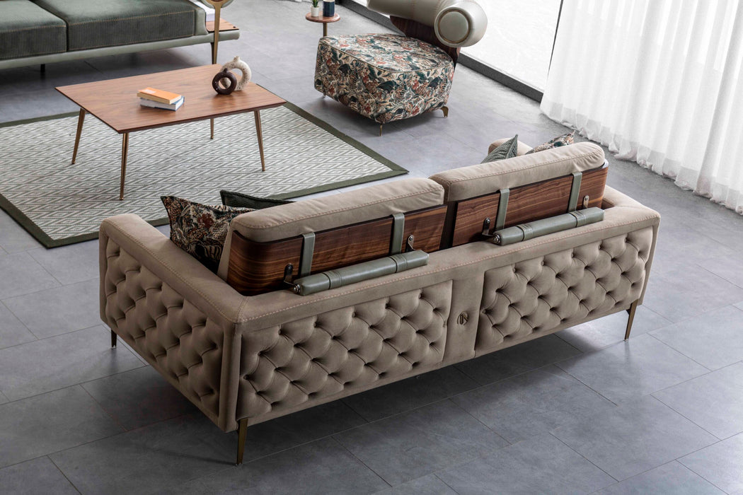 Canapea Rover Inev Asi Home - Verde Olive, Catifea, Lemn și Metal Bronz Antique, 230 cm