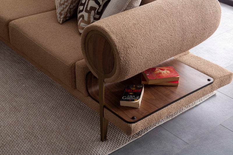 Colțar modular cu Pouf Asi Home Rover Inev Boucle, Crem-Maro, Inserții Lemn & Măsuțe Laterale, 6 Pernuțe Decorative