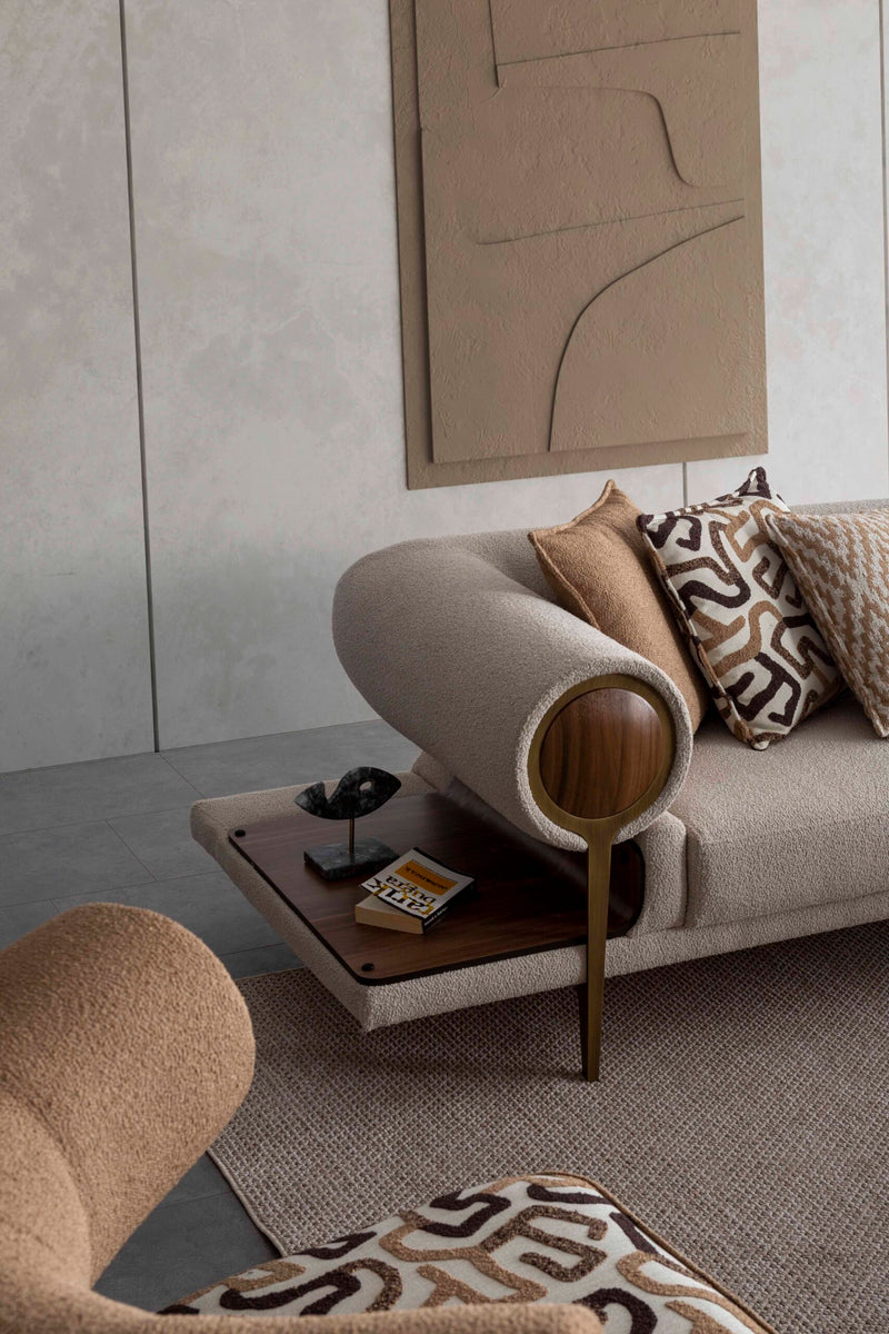 Colțar modular cu Pouf Asi Home Rover Inev Boucle, Crem-Maro, Inserții Lemn & Măsuțe Laterale, 6 Pernuțe Decorative