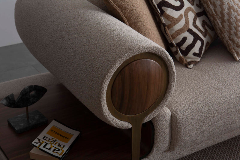 Colțar modular cu Pouf Asi Home Rover Inev Boucle, Crem-Maro, Inserții Lemn & Măsuțe Laterale, 6 Pernuțe Decorative