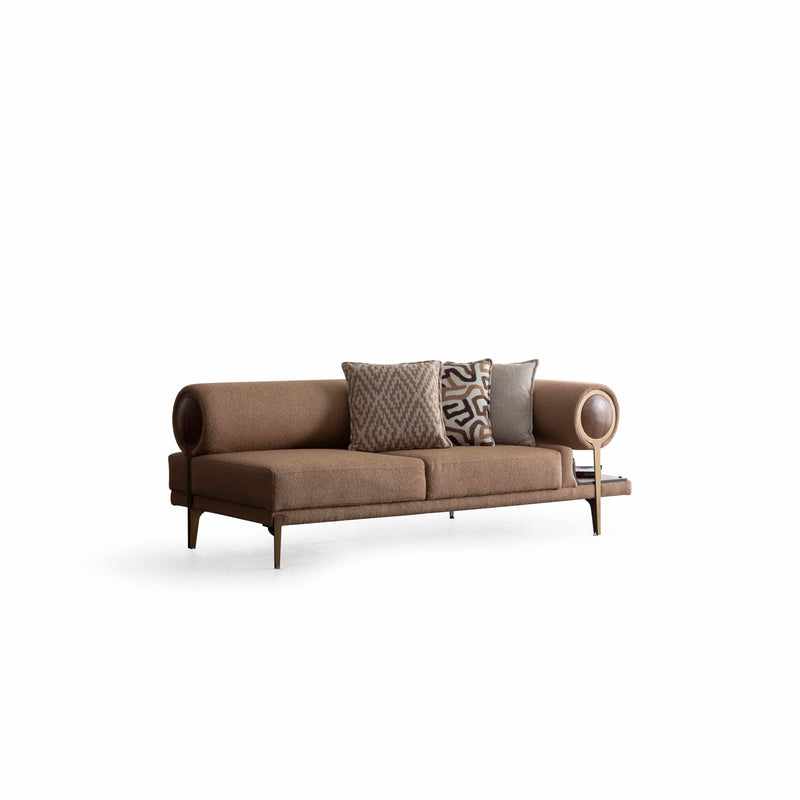Colțar modular cu Pouf Asi Home Rover Inev Boucle, Crem-Maro, Inserții Lemn & Măsuțe Laterale, 6 Pernuțe Decorative