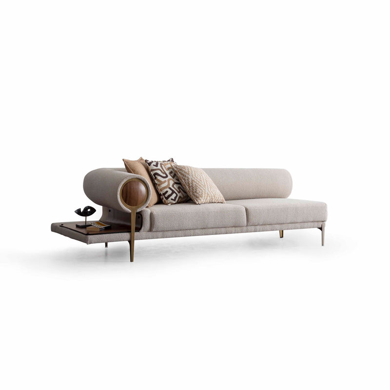 Colțar modular cu Pouf Asi Home Rover Inev Boucle, Crem-Maro, Inserții Lemn & Măsuțe Laterale, 6 Pernuțe Decorative