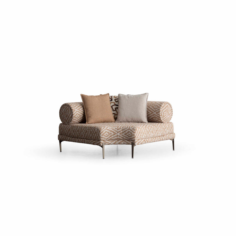 Colțar modular cu Pouf Asi Home Rover Inev Boucle, Crem-Maro, Inserții Lemn & Măsuțe Laterale, 6 Pernuțe Decorative
