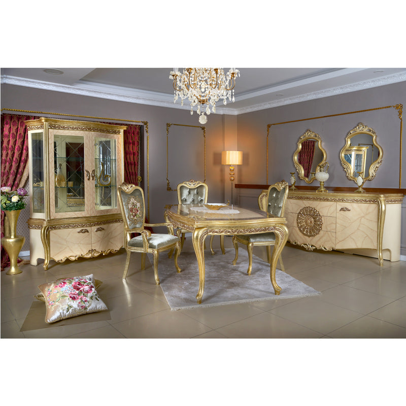 Set Living și Dining Classic Lux Regal - Masă cu 6 Scaune, Vitrina, Consola cu 2 Oglinzi, Patină Aurie, Lucrate Manual, Design Sculptat