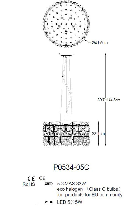 Lustra suspendată Davi P0534-05C-F4AC 5 x G9 MAX 33W Ø41,5 H39,7-144,8 metal, corp cromat abajur din sticlă cristal