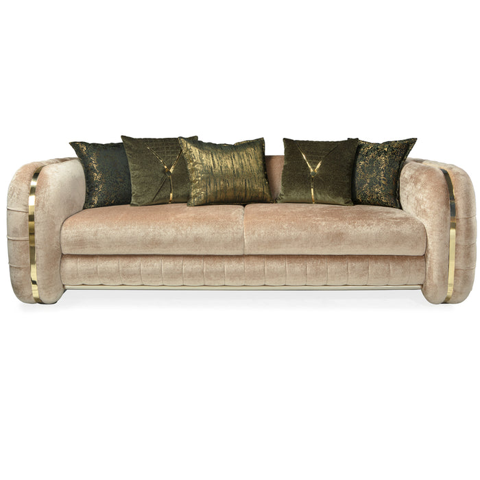 Canapea Lux Emerald Nepal Asi Home crem din bouclé catifea texturată, 3 locuri, design premium cu detalii aurii