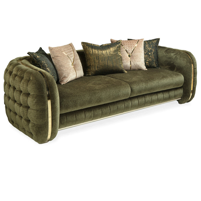 Canapea Lux Emerald Nepal Asi Home verde din bouclé catifea texturată, 3 locuri, design premium cu detalii aurii