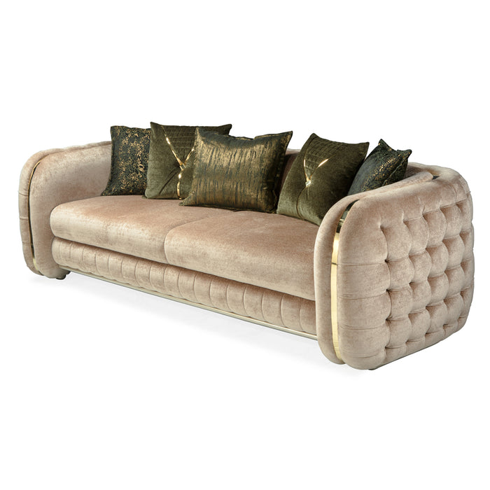 Canapea Lux Emerald Nepal Asi Home crem din bouclé catifea texturată, 3 locuri, design premium cu detalii aurii