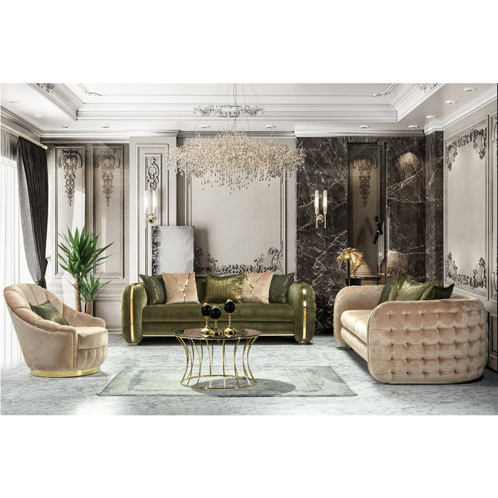 Canapea Lux Emerald Nepal Asi Home crem din bouclé catifea texturată, 3 locuri, design premium cu detalii aurii