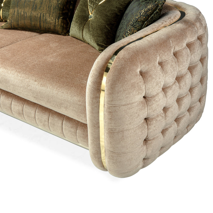 Canapea Lux Emerald Nepal Asi Home crem din bouclé catifea texturată, 3 locuri, design premium cu detalii aurii