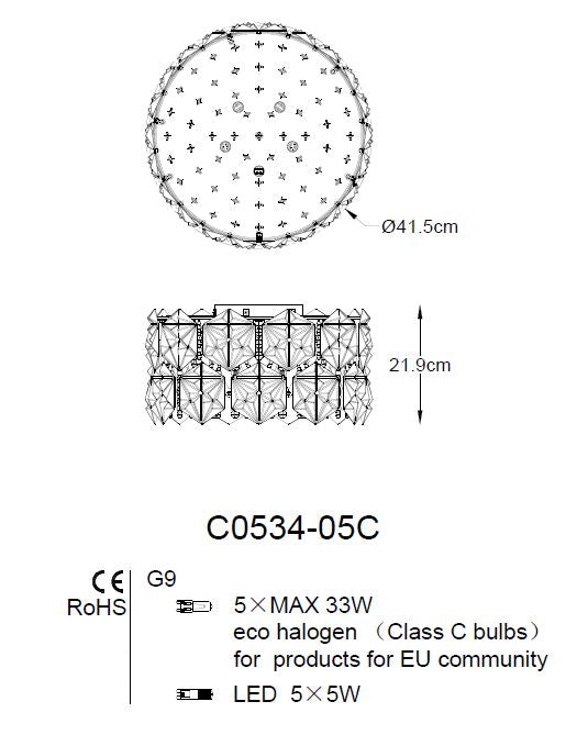 Plafoniera Davi C0534-05C-F4AC 5 x G9 MAX 33W Ø41,5 H21,9 metal, corp cromat abajur sticla cristal