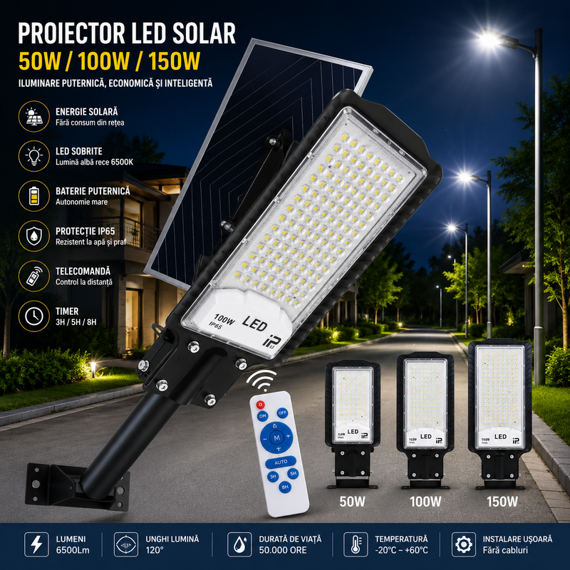 Corp stradal solar reglabil cu panou detașabil, 50W, 6500K, IP65