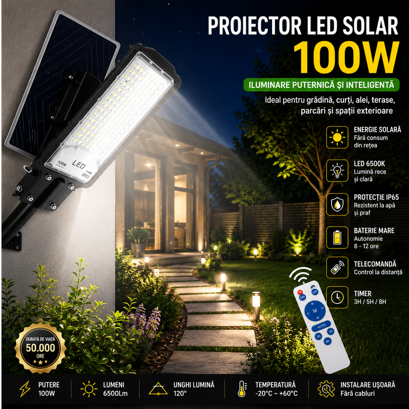 Corp stradal solar reglabil cu panou detașabil, 50W, 6500K, IP65