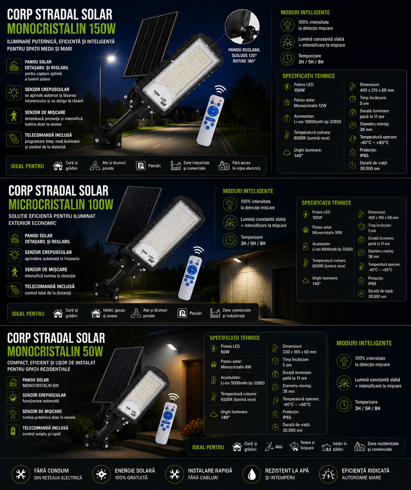 Corp stradal solar reglabil cu panou detașabil, 100W, 6500K, IP65