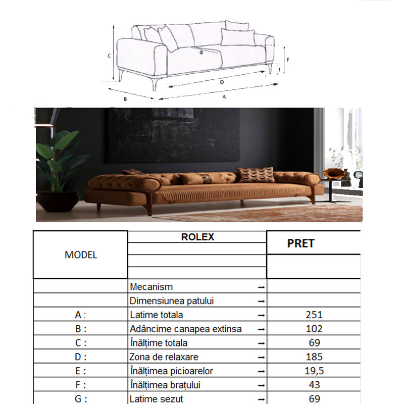 Canapea Rolex Inev Asi Home, Maro, lungime 251cm, latime 102cm, inaltime 69cm