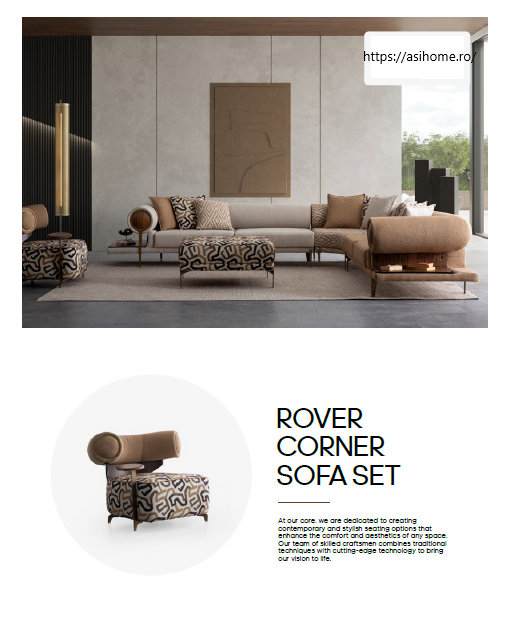 Colțar modular cu Pouf Asi Home Rover Inev Boucle, Crem-Maro, Inserții Lemn & Măsuțe Laterale, 6 Pernuțe Decorative
