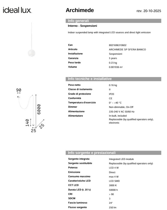 Lustra ARCHIMEDE Ideal Lux, LED 4W, Sfera, Alb