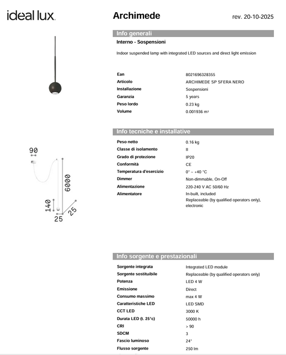 Lustra ARCHIMEDE Ideal Lux, Sfera, LED 4W, Negru
