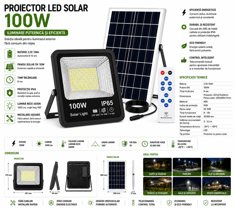 Proiector LED SMD cu panou solar și telecomandă, 100W, 6500K, IP65