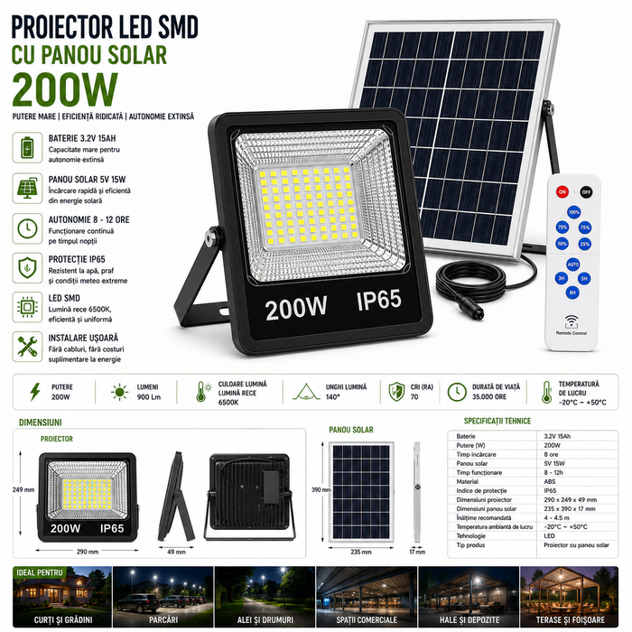Proiector LED SMD cu panou solar și telecomandă, 200W, 6500K, IP65