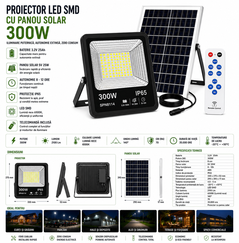 Proiector LED SMD cu panou solar și telecomandă, 300W, 6500K, IP65