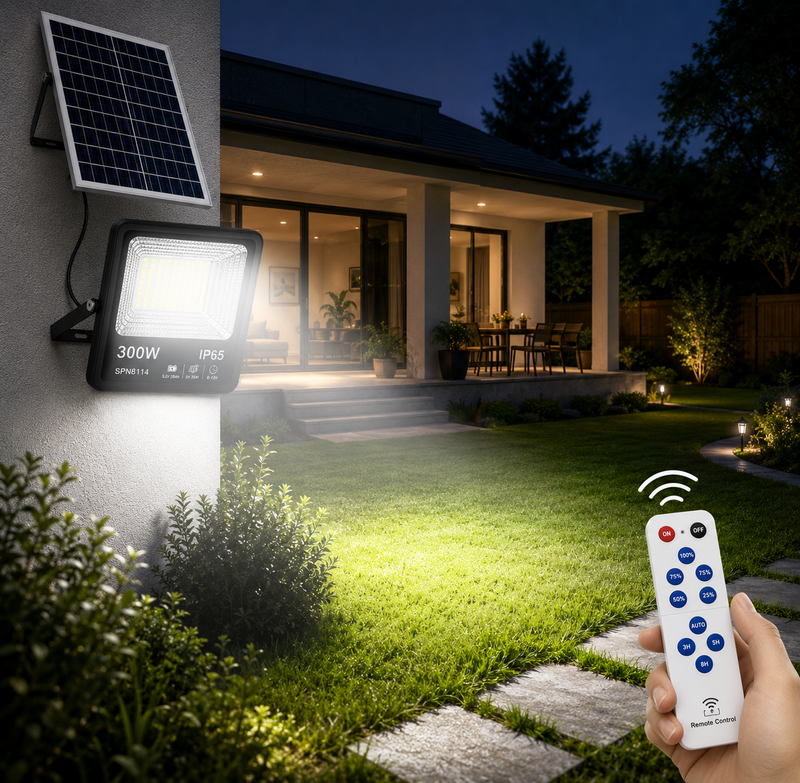Proiector LED SMD cu panou solar și telecomandă, 300W, 6500K, IP65