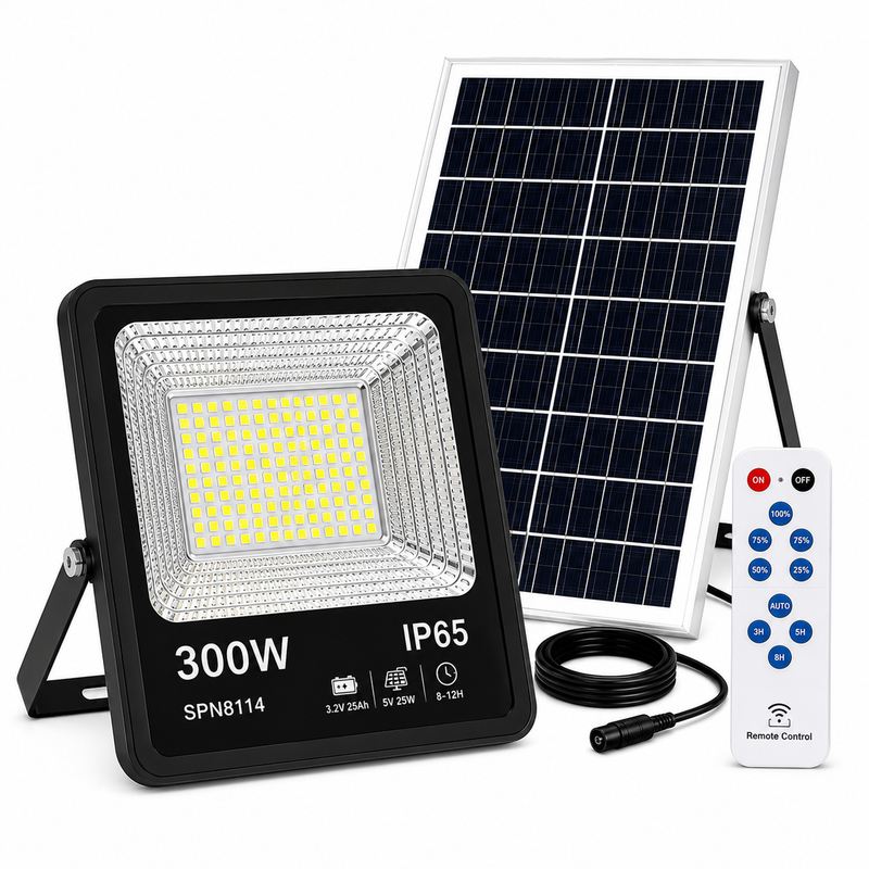 Proiector LED SMD cu panou solar și telecomandă, 300W, 6500K, IP65
