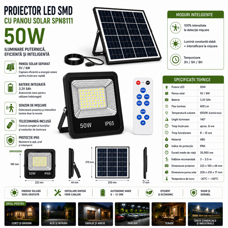 Proiector LED SMD cu Panou Solar și Telecomandă 50W – IP65, 6500K, Senzor de Mișcare