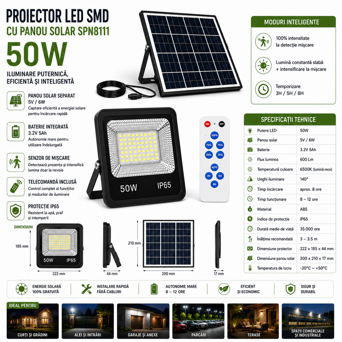 Proiector LED SMD cu Panou Solar și Telecomandă 50W – IP65, 6500K, Senzor de Mișcare