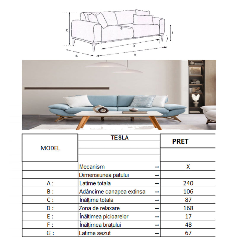 Canapea Tesla Inev Asi Home, Boucle Baby-blue, lungime 240cm, latime 106cm, inaltime 87cm