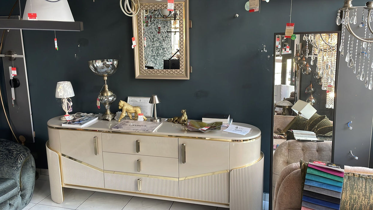 Consolă STAR ASI HOME, 220 cm, design futurist crem & auriu, MDF texturat, blat tip marmură, 6 compartimente