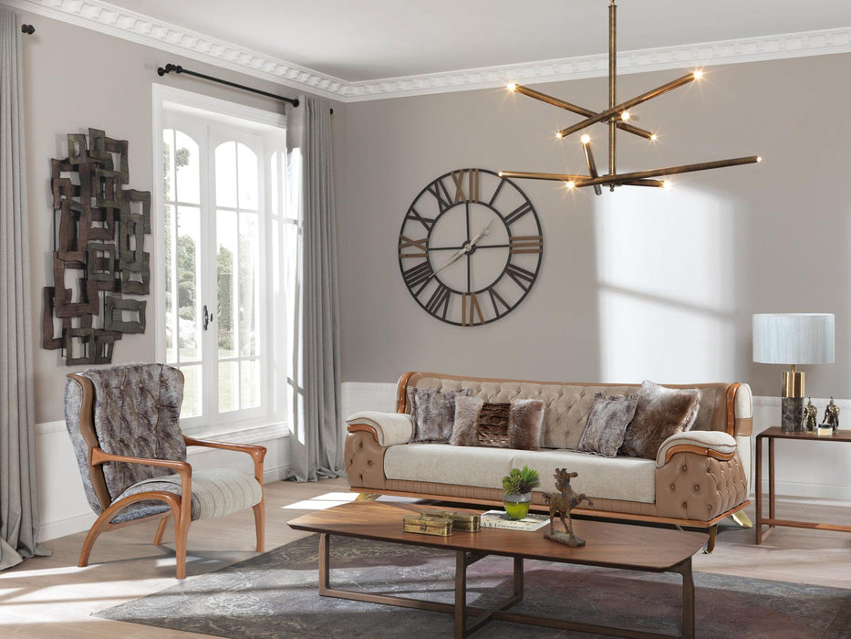 Canapea Lux Zen Asi Home, 3 Locuri, Lemn Nuc, Catifea Crem-Bej & Piele Ecologică Maro, 250x98x85 cm, Spătar și Brate Capitonate
