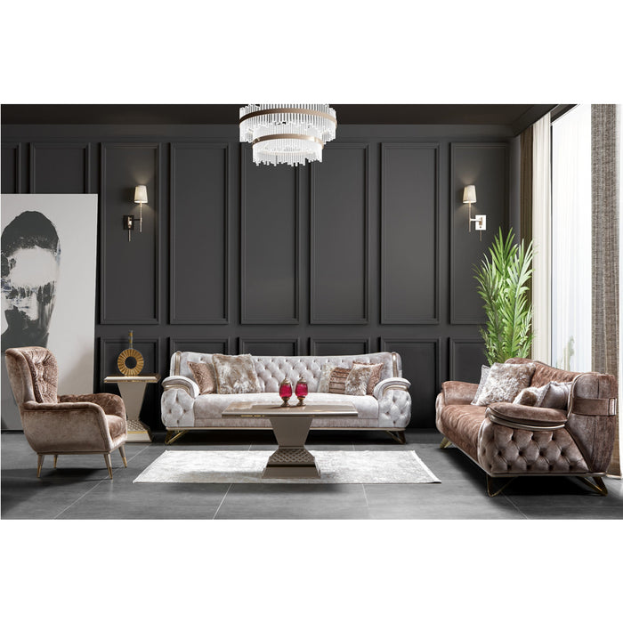 Scaun dining tapițat Asi Home ZEN Duo, catifea texturată + matlasată, picioare lemn, bej/maro