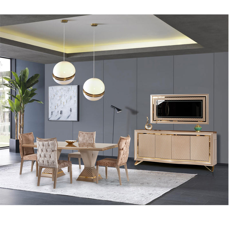 Comodă ZEN ASI HOME, 200 cm, design glam crem/auriu, fronturi 3D diamant, 4 uși, stil lux contemporan