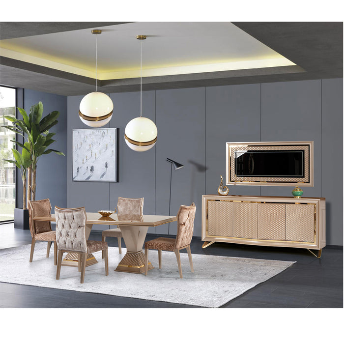 Masă dining ZEN ASI HOME, 200x100 cm, design luxos crem & auriu, blat lucios și bază sculpturală
