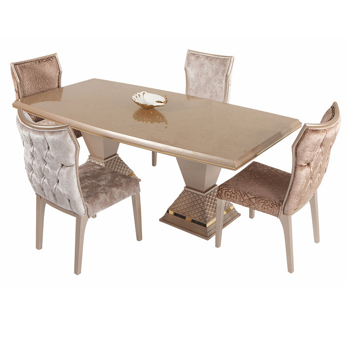 Masă dining ZEN ASI HOME, 200x100 cm, design luxos crem & auriu, blat lucios și bază sculpturală