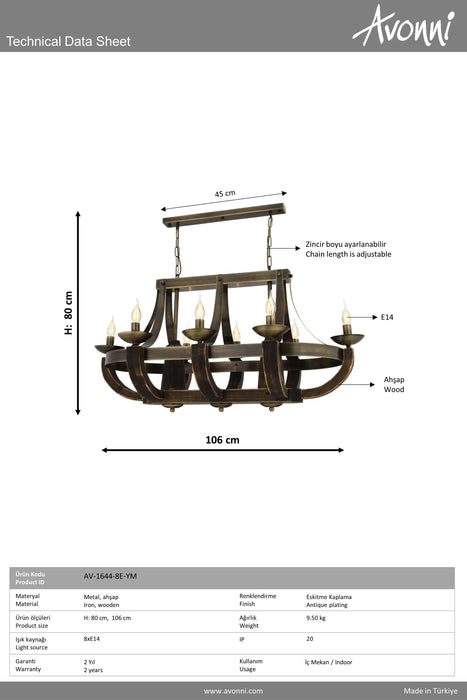 Lustră Avonni AV-1644-8E-YM, finisaj antichizat, , 8xE14, metal și lemn, design vintage elegant