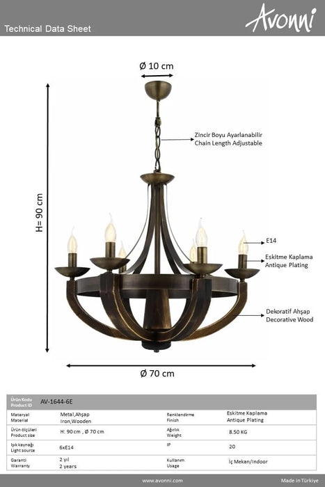 Lustră Avonni AV-1644-6E, finisaj antichizat, Ø70 cm, 6xE14, metal și lemn, design vintage elegant