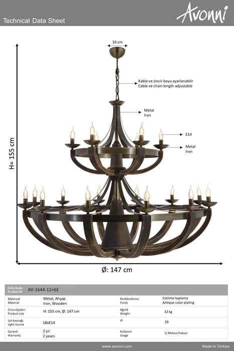 Lustră Avonni AV-1644-12+6E, finisaj antichizat, Ø147 cm, 18xE14, metal și lemn, design vintage elegant