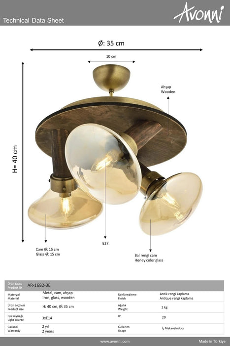 Lustră Avonni AR-1682-3E, finisaj antichizat, Ø35 cm, 3xE14, metal și lemn și sticlă, design vintage elegant