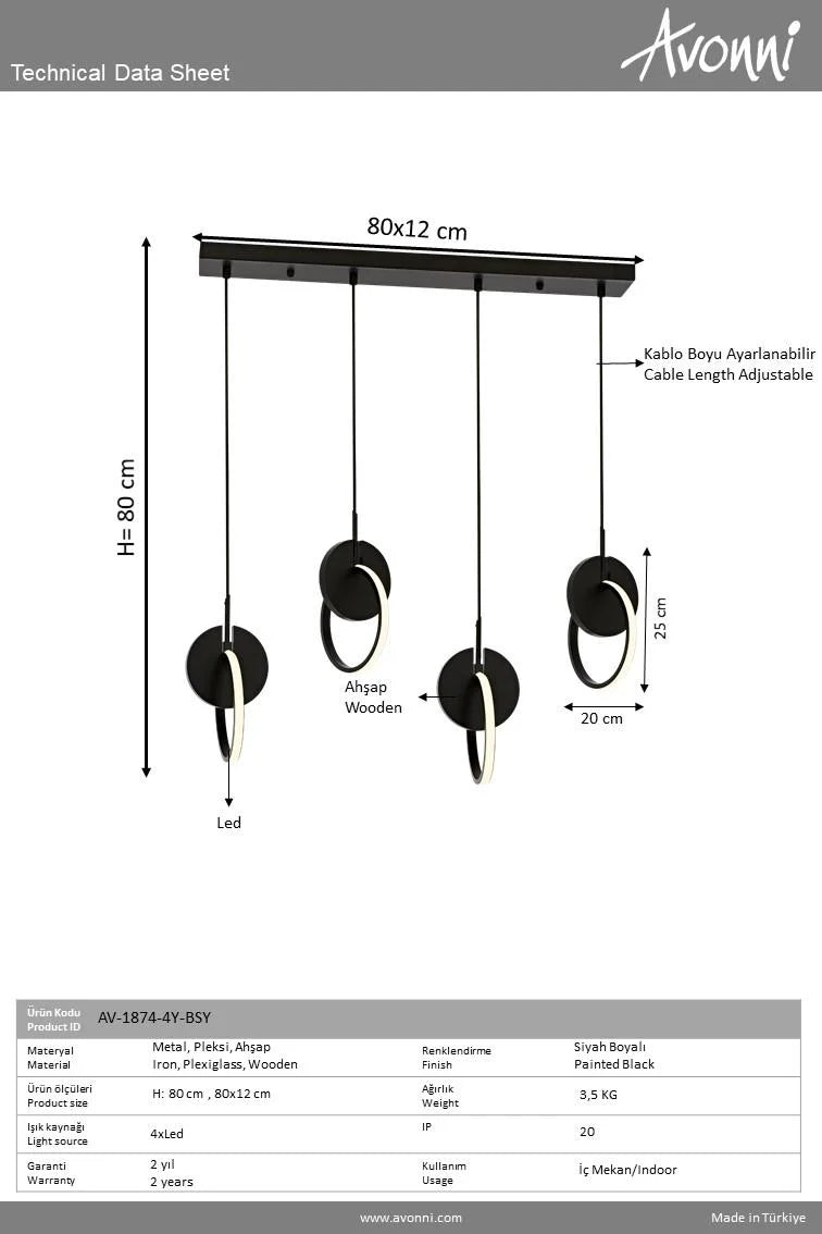 Lustră LED Avonni AV-1874-4Y-BSY, Metal și Lemn, Negru, 80×12 cm, 4x7W, 2560 lm