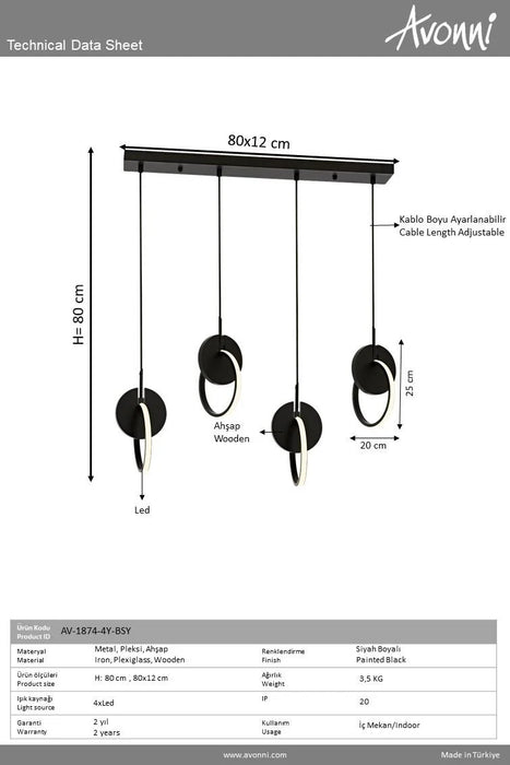 Lustră LED Avonni AV-1874-4Y-BSY, Metal și Lemn, Negru, 80×12 cm, 4x7W, 2560 lm