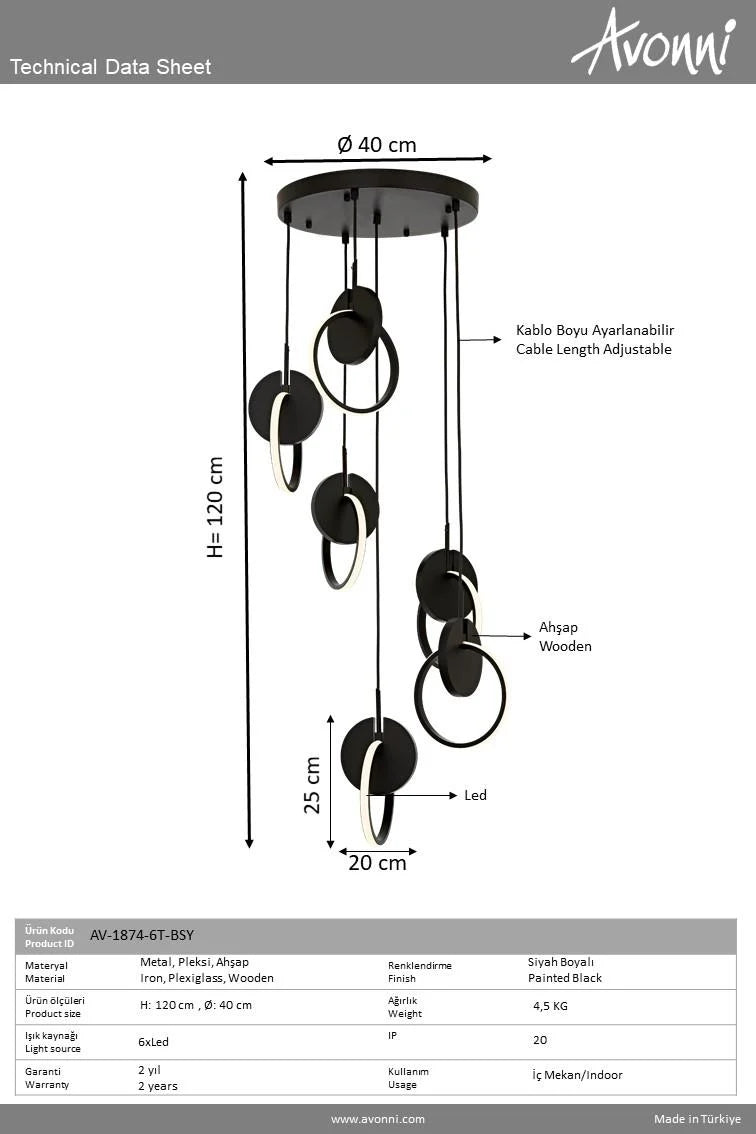 Lustră LED Avonni AV-1874-6T-BSY, Metal și Lemn, Negru, Ø40 cm, 6x7W, 3840 lm