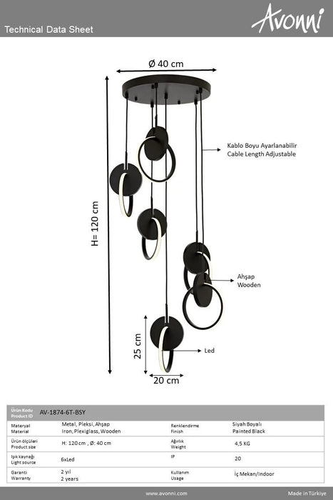 Lustră LED Avonni AV-1874-6T-BSY, Metal și Lemn, Negru, Ø40 cm, 6x7W, 3840 lm