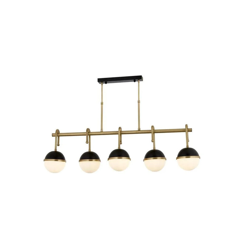 Lustra moderna 5 becuri Avonni AV-1895-5EY, pendul sticla opal, E27, inaltime ajustabila, metal, alama antichizata + negru