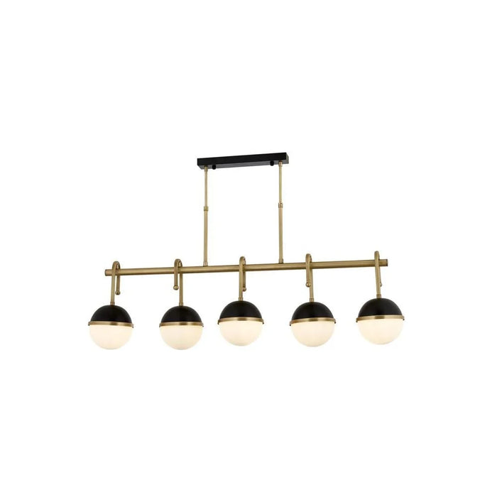 Lustra moderna 5 becuri Avonni AV-1895-5EY, pendul sticla opal, E27, inaltime ajustabila, metal, alama antichizata + negru