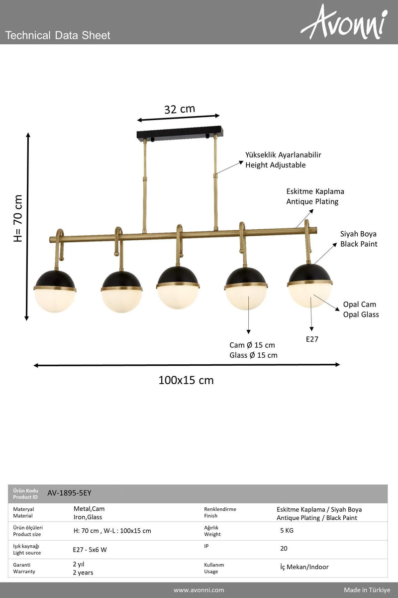 Lustra moderna 5 becuri Avonni AV-1895-5EY, pendul sticla opal, E27, inaltime ajustabila, metal, alama antichizata + negru