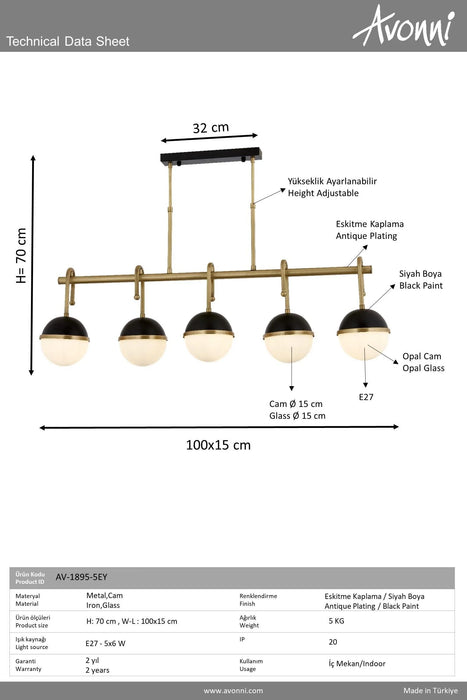 Lustra moderna 5 becuri Avonni AV-1895-5EY, pendul sticla opal, E27, inaltime ajustabila, metal, alama antichizata + negru