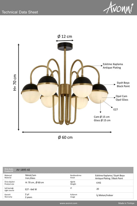 Lustra modern Avonni AV-1895-6E, 6 globuri opal, finisaj auriu antichizat & negru, structură metal, Ø60 cm, E27
